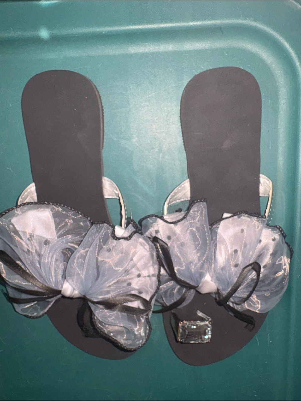 Women’s Black Floral Bow Slide Sandals with Crystal Accent